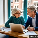 Home 17 금융 독립을 위한 노후 자산 관리 전략 - A Dutch middle-aged couple sitting comfortably at a modern kitchen table, reviewing their pension sa...