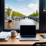 Home 21 금융 독립을 위한 투자 수익률 계산법 - A modern Dutch home office setup with a young adult investor analyzing investment spreadsheets on a ...