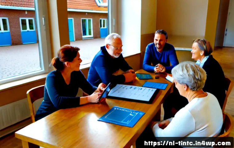금융 독립을 위한 커뮤니티 투자 프로젝트 - Photorealistic community investment meeting in a bright modern Dutch neighborhood hall, diverse Dutc...