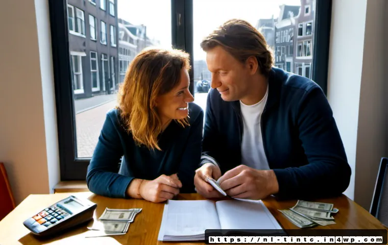 Home 17 금융 독립을 위한 파이어 FIRE 운동 이해 - Photorealistic Dutch couple in their early 50s reviewing a simple household budget at a bright kitch...